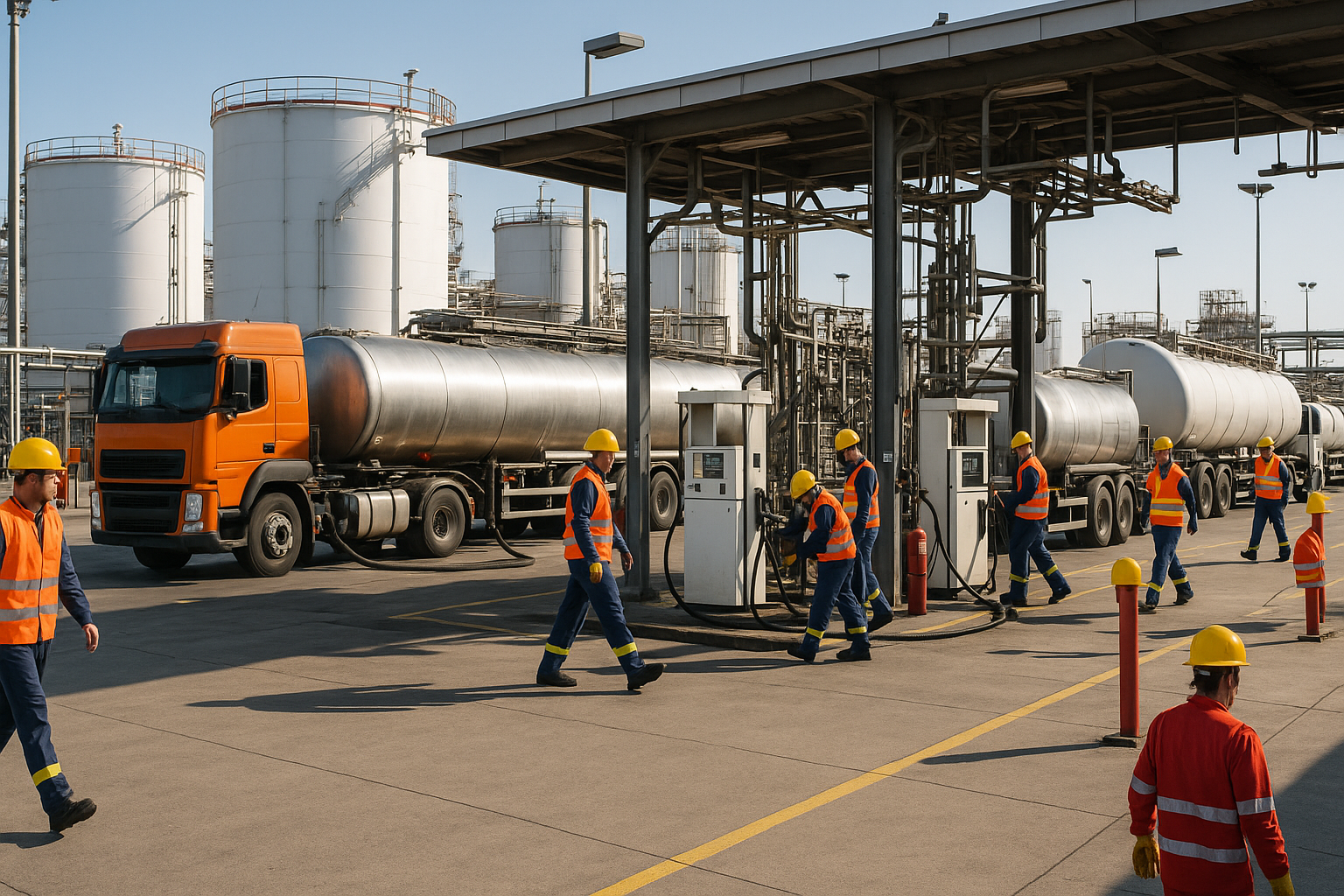 fuel depot with busy people wearing hard hats and trucks getting fuel
